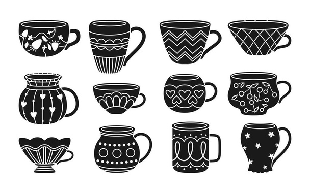 Cup with tea or coffee black glyph set vector - Vector, Image