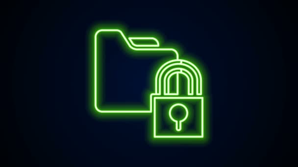 Glowing neon line Folder and lock icon isolated on black background. Closed folder and padlock. Security, safety, protection concept. 4K Video motion graphic animation - Footage, Video