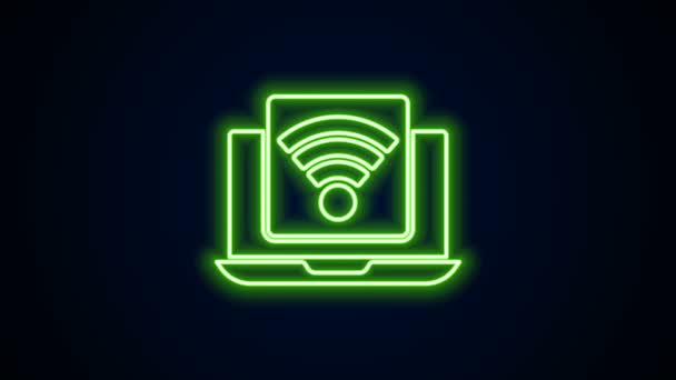 Zářící neonová linka Bezdrátový notebook ikona izolované na černém pozadí. Internet věcí koncept s bezdrátovým připojením. Grafická animace pohybu videa 4K - Záběry, video