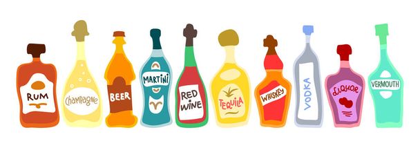 Collection of bottles of alcohol. Beer champagne red wine liquor vodka martini whiskey rum tequila. Hand draw cartoon isolated illustration. Doodle line graphic design. Freehand drawing style - Vector, Image