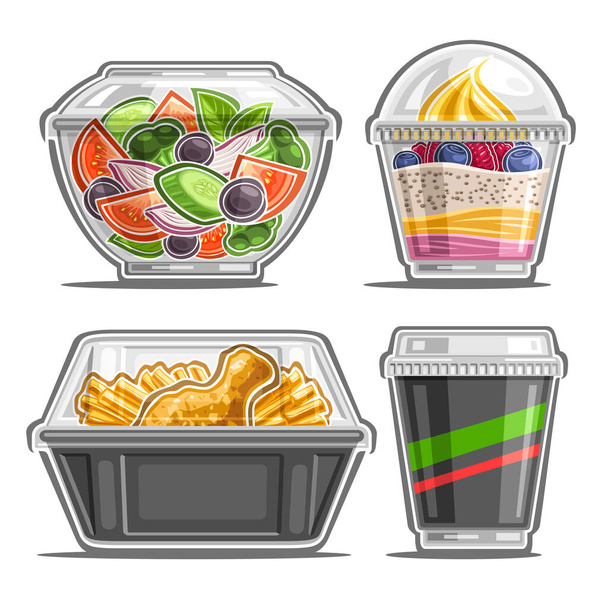 Vector set for Meal Delivery Service, 4 cut out illustrations of organic salad in clear plate, soft serve berry dessert, fried crispy chicken leg with pommes frites and soda in cardboard cup with lid. - Vector, Image
