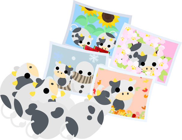 Illustration of round cows like stuffed animalslooking at the photo - Vector, Image