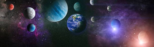 Світовий глобус з космосу. Вид блакитного сходу сонця з космосу. Нічне небо з зірками і туманністю. Елементи цього зображення, надані НАСА.. - Фото, зображення