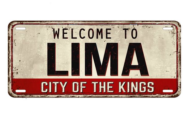 Bienvenue à Lima plaque métallique rouillée vintage sur fond blanc, illustration vectorielle - Vecteur, image