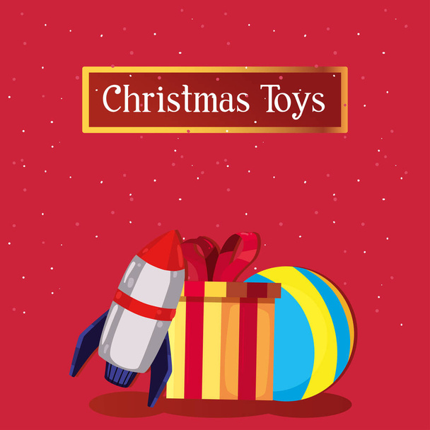 joyeux Noël jouets fusée cadeau et boule vecteur design - Vecteur, image