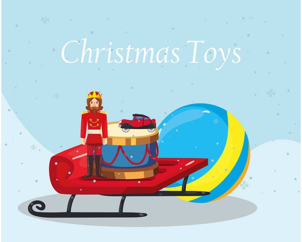 Καλά Χριστούγεννα παιχνίδια μπάλα πρίγκιπας τύμπανο και το αυτοκίνητο για έλκηθρο διάνυσμα σχεδιασμό - Διάνυσμα, εικόνα
