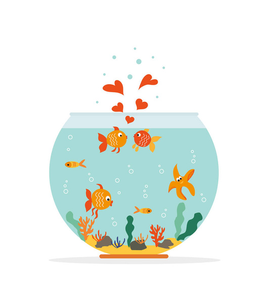 Poisson rouge et étoile de mer dans un bol à poisson, pêchant avec amour. Aquarium avec baignade poissons exotiques or. Habitat d'aquarium sous-marin avec des plantes marines. Illustration dessin vectoriel plat, objets isolés. - Vecteur, image