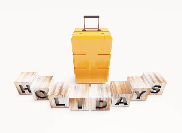 Желтый чемодан с деревянными кубиками блокирует отдых на белой сцене 3D рендеринг обоев - Фото, изображение