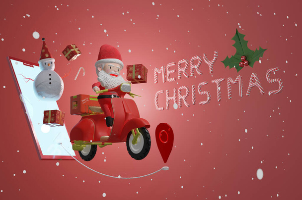 3D-renderöinti, joulupukki ratsastus skootteri ja lumiukko lahja älypuhelimen näytön toimitus lahja ihmisille jouluna lumisateella - Valokuva, kuva