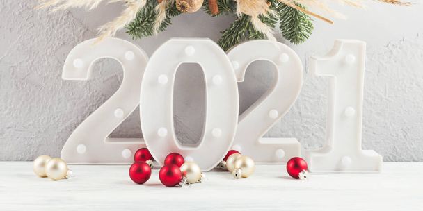 2021 New year numbers with festive xmas decor - Fotoğraf, Görsel