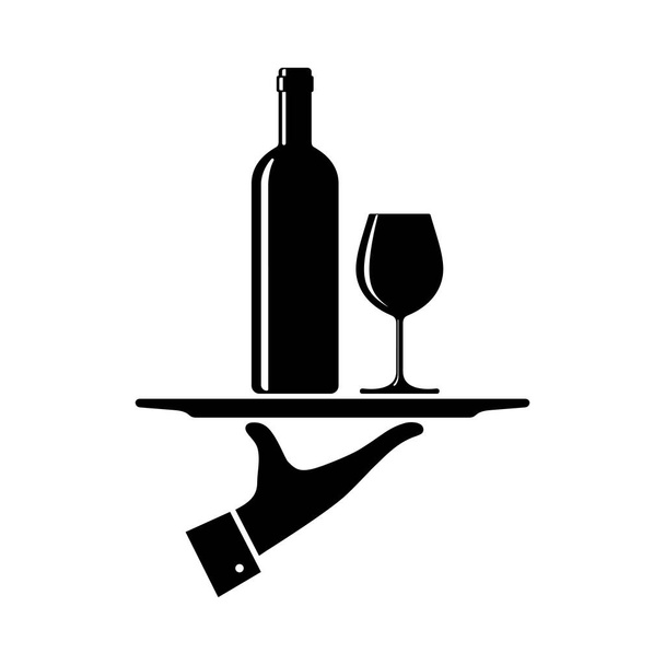 Подача винної графічної ікони. Ручний офіціант, який подає вино на підносі, ізольований на білому тлі. Векторні ілюстрації
 - Вектор, зображення