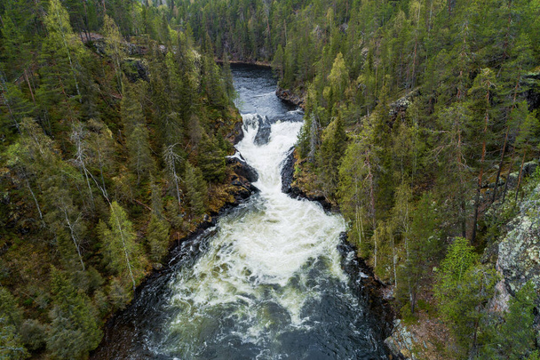 Aerial of waterfall. One of the largest in Finland, Oulanka National Park. - Photo, Image