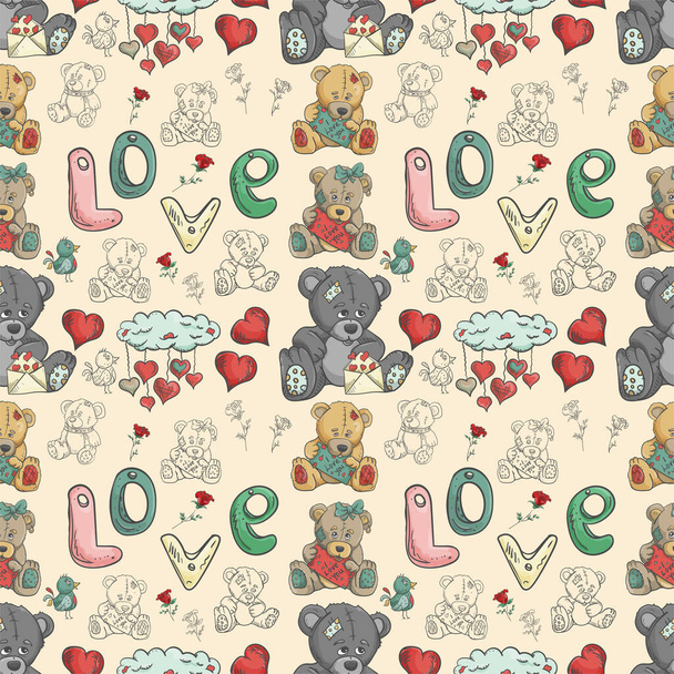 illustration transparente sur le thème de l'amour et la Saint-Valentin, à partir de dessins de couleur et de contour, beaucoup d'ours en peluche parmi les fleurs, et l'amour de l'inscription - Vecteur, image