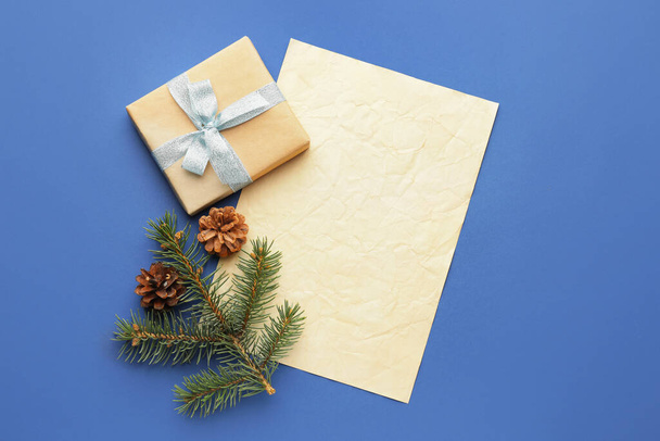 Blank letter to Santa and Christmas decor on color background - Zdjęcie, obraz
