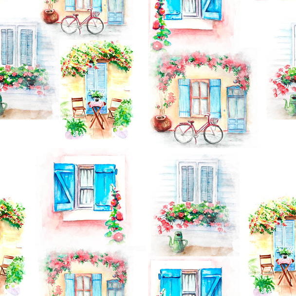  Seamless Pattern of watercolor old windows, doors. - Photo, Image