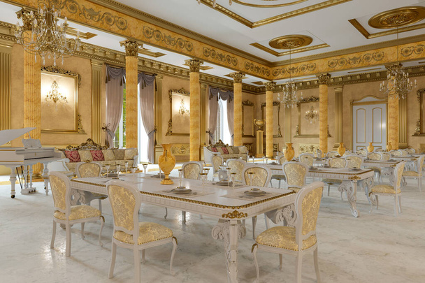 Бальный зал и ресторан в классическом стиле. 3D визуализация. 3D изображение. - Фото, изображение