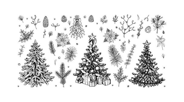 Σύνολο χειροποίητα διακοσμημένα χριστουγεννιάτικα δέντρα, κλαδιά φυτών, κώνους και μούρα που απομονώνονται σε λευκό φόντο. Χριστουγεννιάτικα διακοσμητικά στοιχεία. Εικονογράφηση διανύσματος. - Διάνυσμα, εικόνα