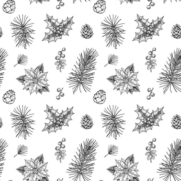Christmas seamless pattern with hand drawn Christmas tree branches, cones and holly berries isolated on white background. Vector illustration in vintage sketch style - Vektör, Görsel
