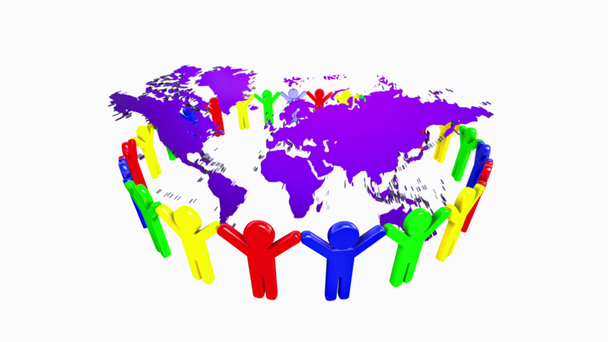 Gente sosteniendo las manos alrededor del mapa del mundo 3d
 - Metraje, vídeo