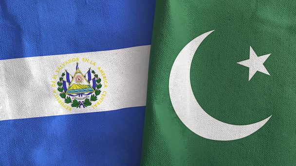 Pakistán y El Salvador dos banderas de tela textil representación 3D - Foto, imagen
