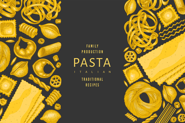 Italian pasta design template. Hand drawn vector food illustration. Vintage pasta different kinds background. - Вектор, зображення