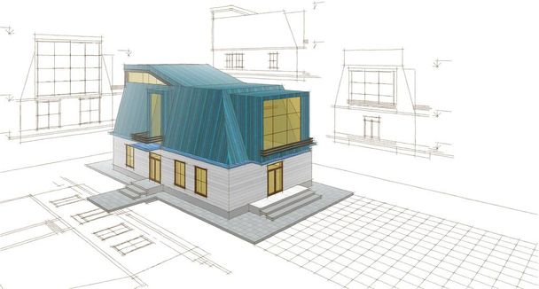 современный дом с чердачным эскизом 3D иллюстрации - Фото, изображение