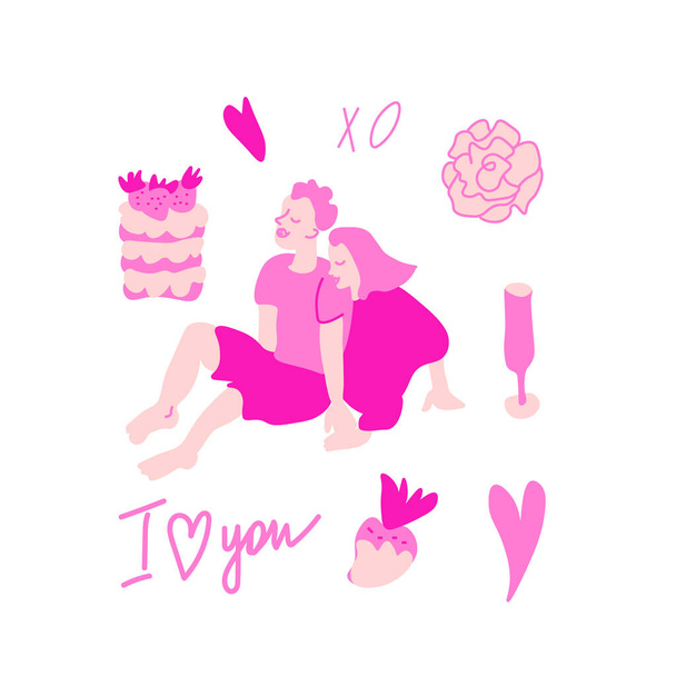 Conjunto de vectores para el día de San Valentín con color rosa en estilo doodle. Clip art con personas enamoradas, flores, letras, rosas, presentes, uvas, labios, bolitas dibujadas a mano. Diseño para tarjetas, redes sociales, impresiones. - Vector, Imagen