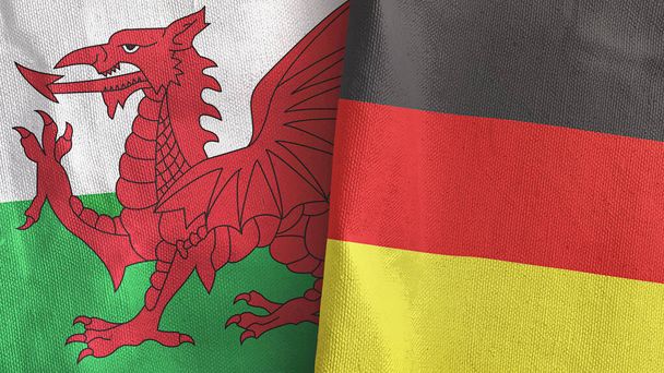 Saksa ja Wales kaksi lippua tekstiilikangas 3D renderöinti - Valokuva, kuva