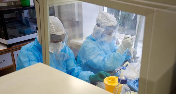 Laboratoire d'étude des tests de dépistage du covide 19. L'assistant de laboratoire vérifie les échantillons pour les anticorps. - Photo, image