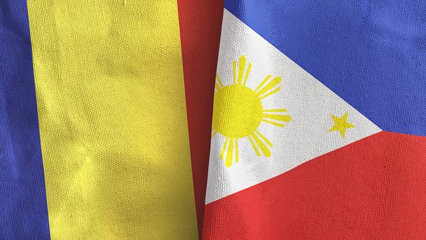 Filippiinit ja Romania kaksi lippua tekstiilikangas 3D renderöinti - Valokuva, kuva