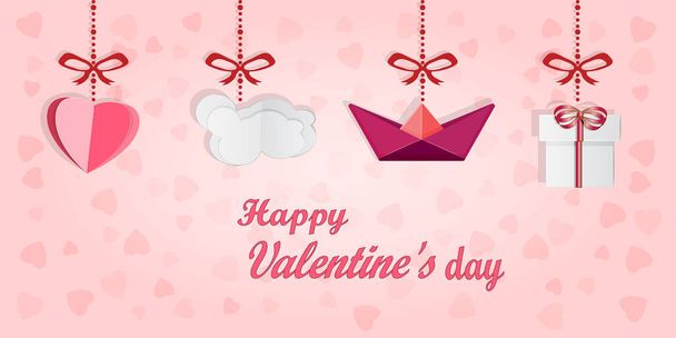 Valentines of paper craft design with pink heart, cloud, boat and gift box on the pink background. Hanging Valentines elements tied with bows and ribbon. Valentines day banner. Stock vector illustration - Vector, Image