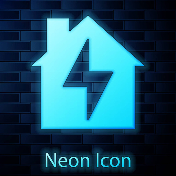 Leuchtende Neon-Haus und Blitz-Symbol isoliert auf Backsteinwand Hintergrund. Heizenergie. Vektor. - Vektor, Bild