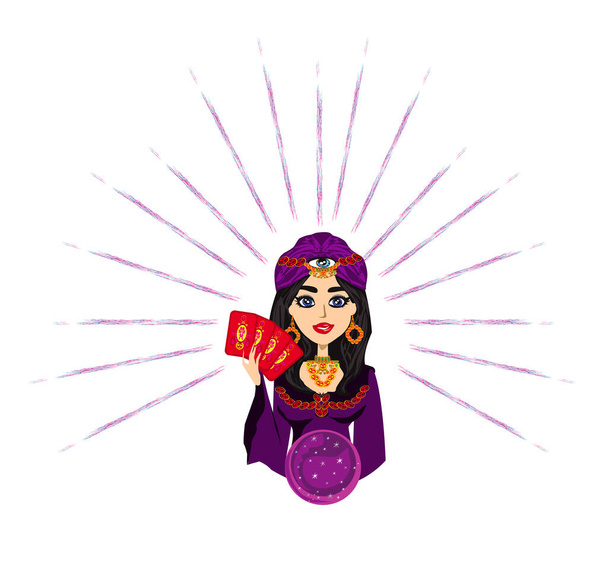 Fortune Teller Woman reads the future from the crystal ball and cards - Vector, Image