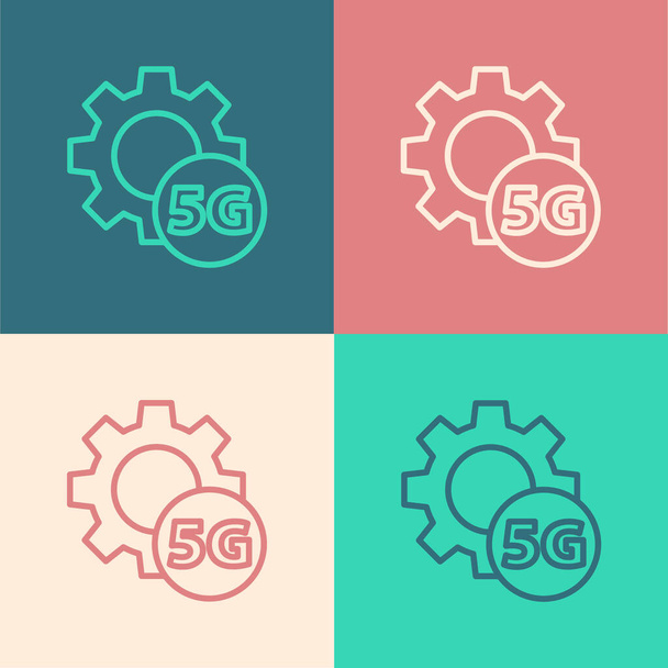 Поп-арт линия Установка 5G новый беспроводной интернет Wi-Fi подключение значок изолирован на цветном фоне. Глобальная сеть высокоскоростных технологий передачи данных. Вектор. - Вектор,изображение
