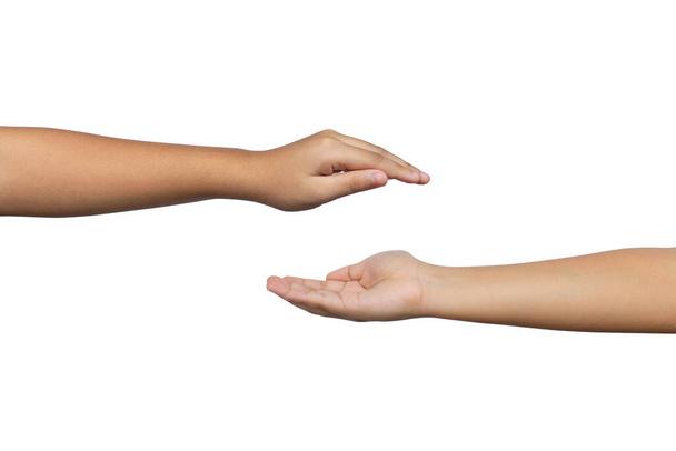 Pokaz ręczny trzymający coś na dłoni na białym tle. W tym ścieżka obcinania - Zdjęcie, obraz