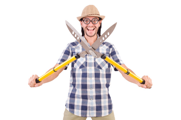 Смешной парень с садовыми ножницами
 - Фото, изображение