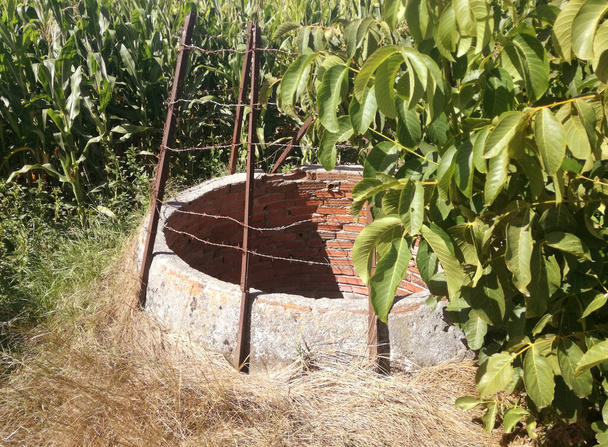 Νερό για την άρδευση του αγρού του κέντρου της Ιβηρικής Χερσονήσου. Στη μέση του καλλιεργημένου καλαμποκιού. Σύστημα άρδευσης από ρηχό υπόγειο υδροφόρο ορίζοντα. Εξοχή. - Φωτογραφία, εικόνα