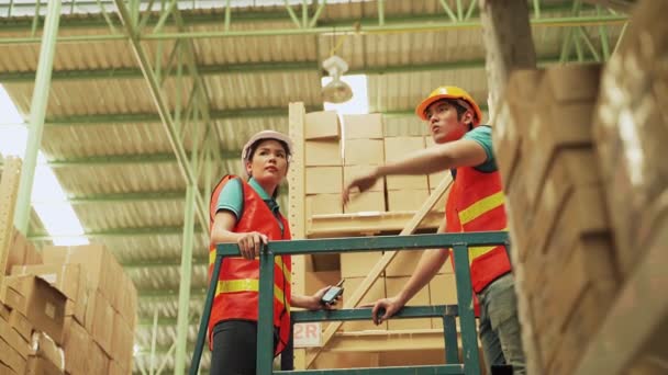 Aasian työntekijät käyttävät portaita järjestää varastoja korkeissa kerroksissa. - Materiaali, video