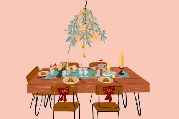 Illustrazione del tavolo da pranzo decorato a festa - Vettoriali, immagini