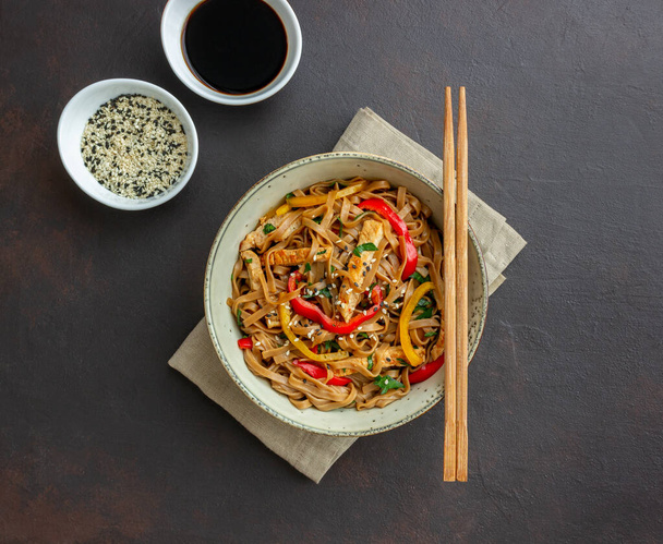 Noodles with pork, pepper and soy sauce. Asian food. Wok - Zdjęcie, obraz
