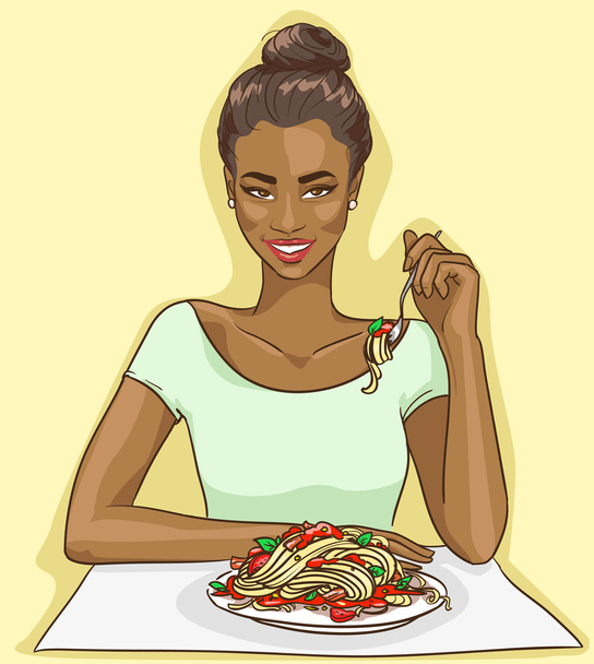 Mujer afroamericana comiendo espaguetis
 - Vector, imagen