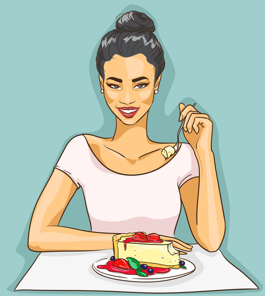 Asian woman eating cheesecake - Vector, Image