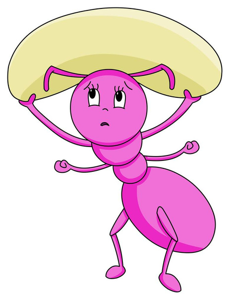 rosa Ameise mit Nahrung auf dem Kopf Karikatur isoliert mit weißem Hintergrund. - Foto, Bild