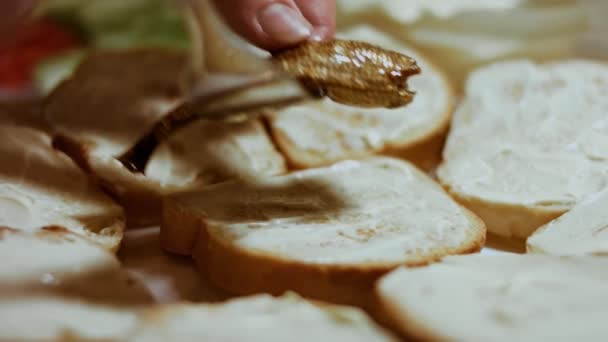 Las manos extienden la mayonesa sobre la mantequilla de pan. Tomamos el brindis de los espadines. Comida de vacaciones - Imágenes, Vídeo