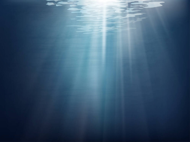 島の深い青色の波を持つベクトル、太陽光線が輝く漫画の海、海の背景の下で、青い海と夏のための抽象的な海洋デザインテンプレート - ベクター画像