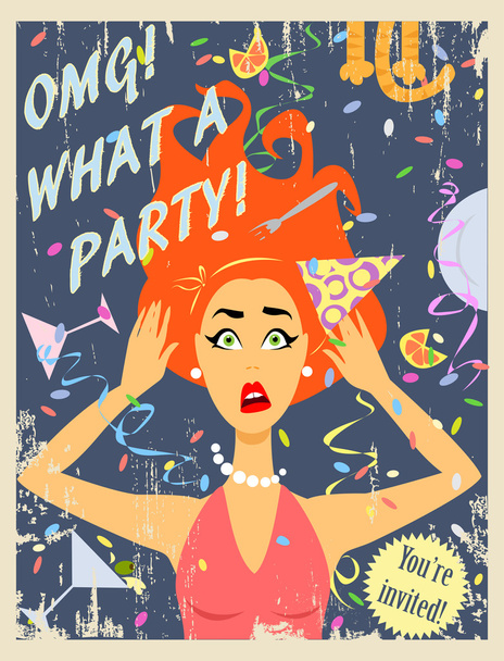 Party invitation design with crazy red hair girl - Vector, Image