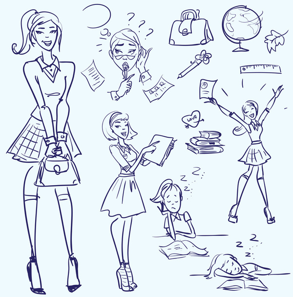 Főiskola lányok, középiskolai doodles - Vektor, kép