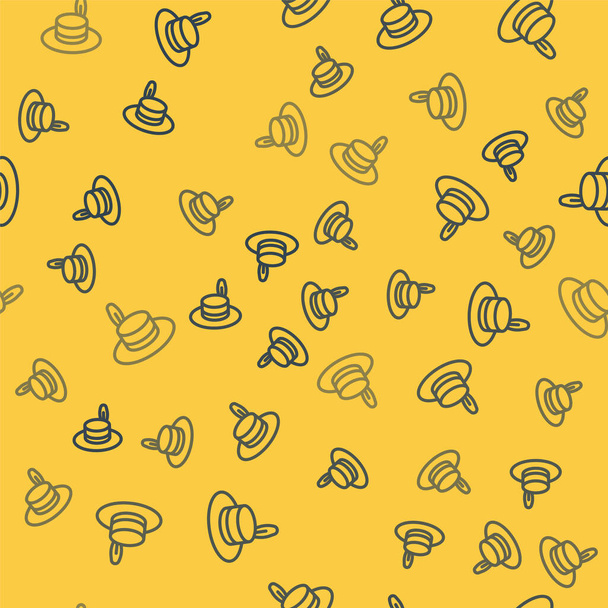 Blue line Man hat with ribbon icon isolated seamless pattern on yellow background.  Vector. - Vetor, Imagem