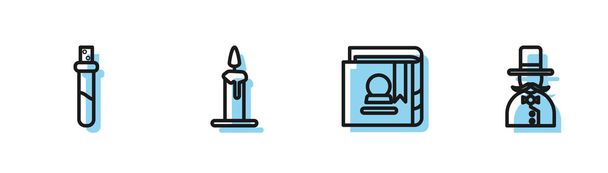 Set line Ancient magic book, Bottle with love potion, Burning candle in candlestick and Magician icon. Vector. - Vetor, Imagem