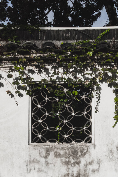 Background texture of traditional Chinese window on a white wall - Foto, imagen